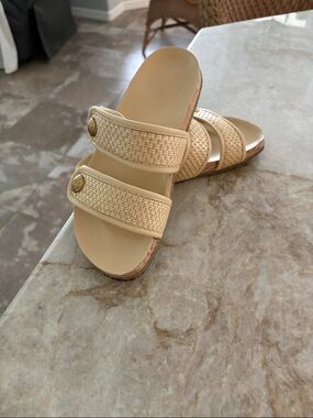 Veronica Beard Cream Woven Double-Strap Slide Sandals